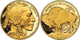 A gold coin with the face of an indian.