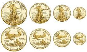 A set of seven gold coins with the image of an eagle on them.