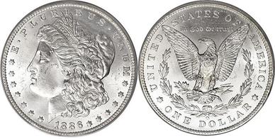 A silver dollar with an eagle on it.